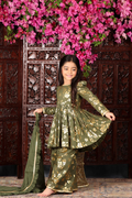 GIRLS FLARED GOLDEN PATCH PRINTED DRESS WITH DUPATTA (SIZE-5-6yr)