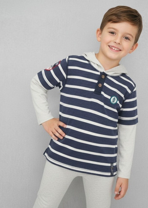 Kids Navy Stripe Hooded Tee with Grey Sleeves