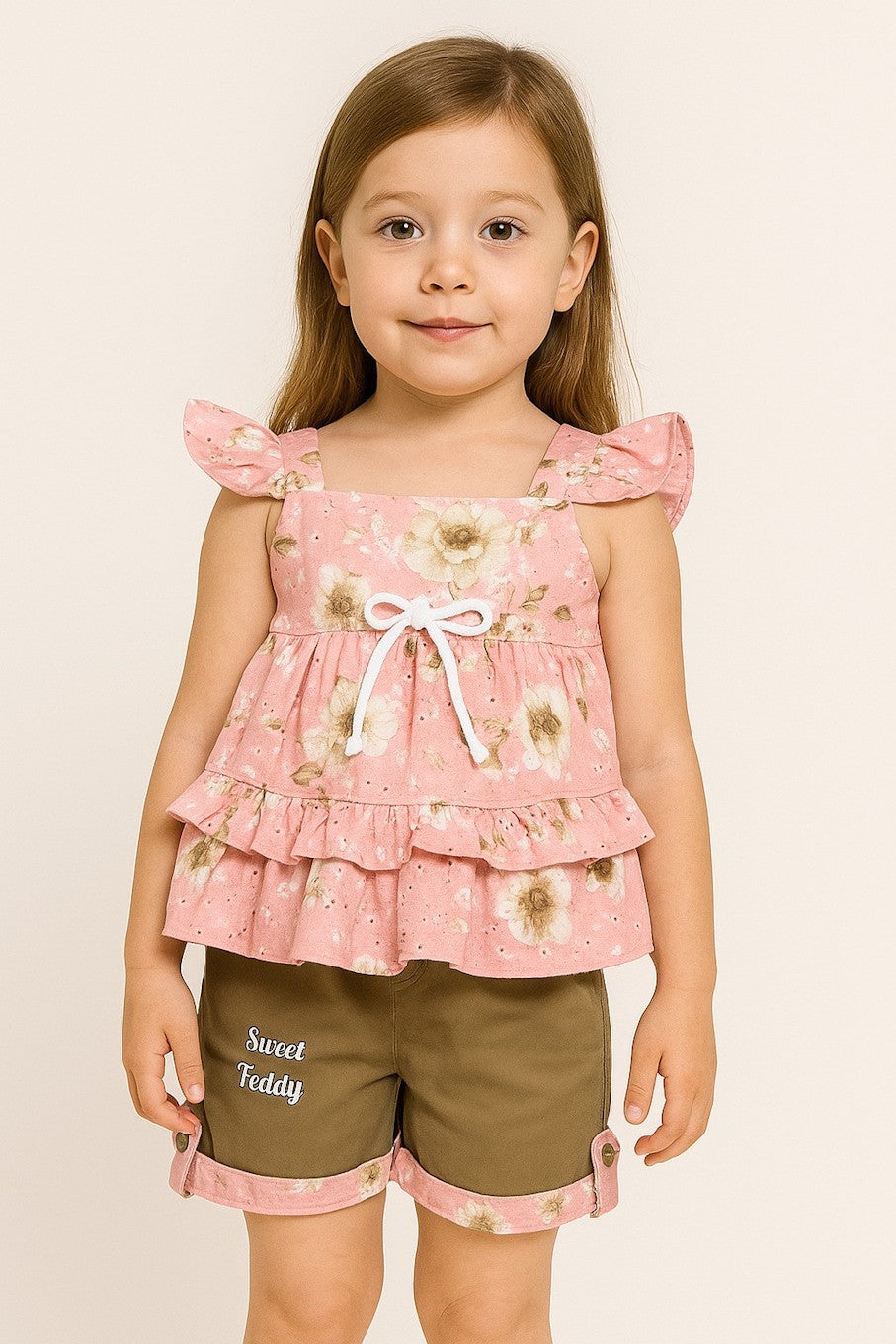 Girls Party(Festive) Top Shorts  (Pink And Brown),(Size 3-4 Year)