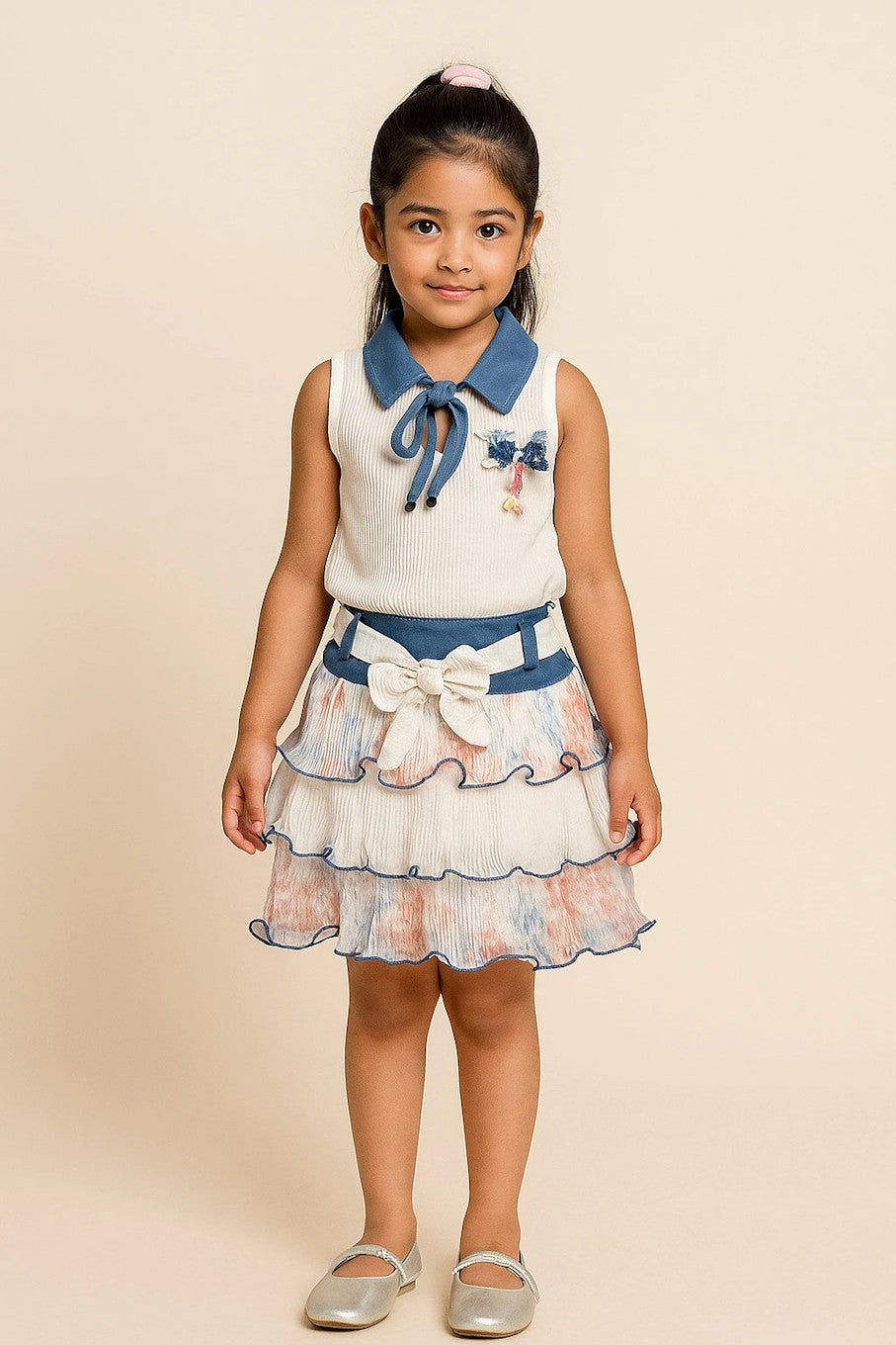 Girls Party(Festive) Top Skirt  (Blue, White),(Size 1-2 Year)