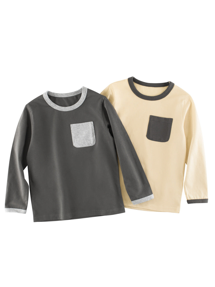 Autumn Baby Boys Color Patchwork Pocketed Long Sleeves Crew Neck Base