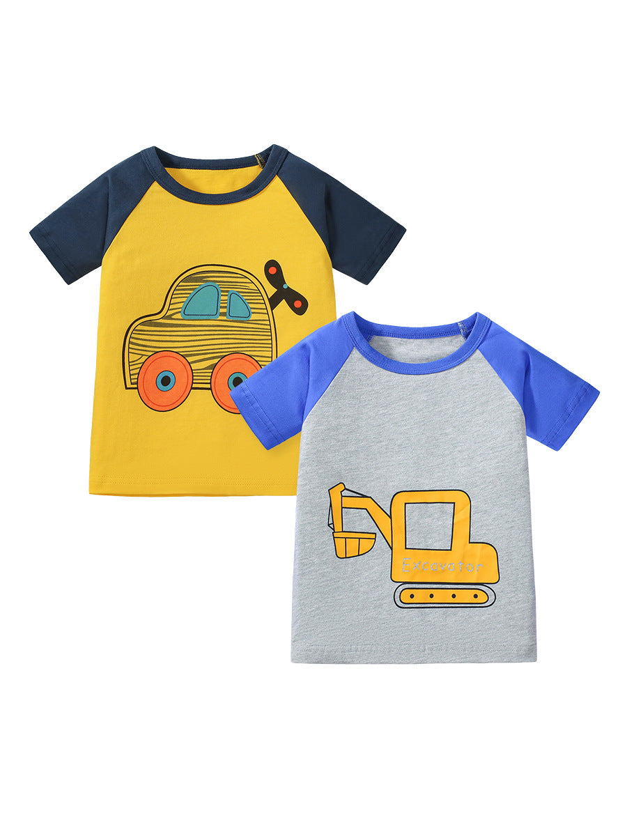 Boys’ Vehicles Cartoon Pattern Short Sleeves T-shirt in European and